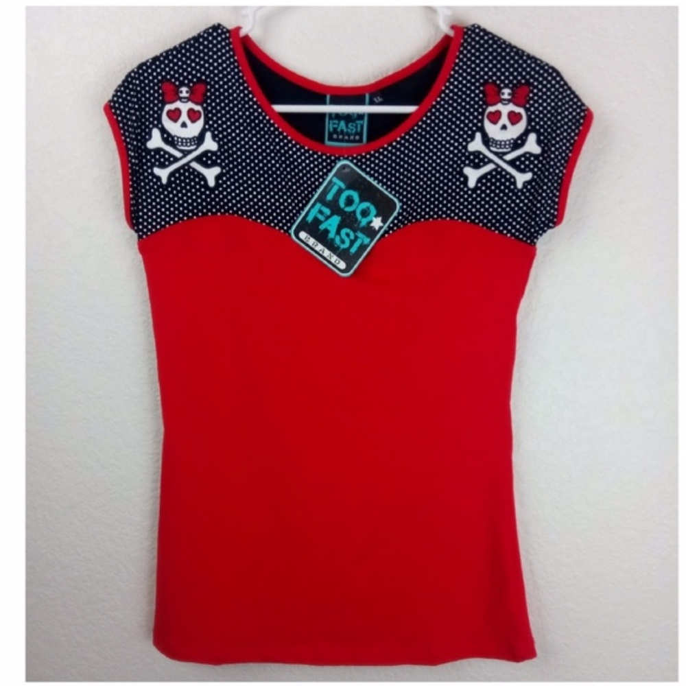 Toofast Sourpuss red & black polka skull dot top